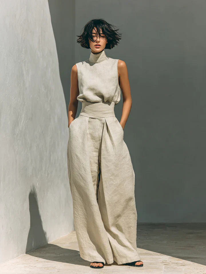 Flor™ | Conjunto minimalista de top sin mangas y pantalones de pierna ancha en algodón y lino para mujer