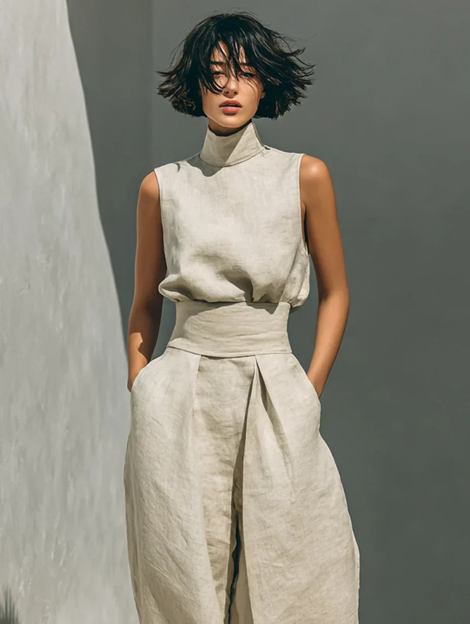 Flor™ | Conjunto minimalista de top sin mangas y pantalones de pierna ancha en algodón y lino para mujer