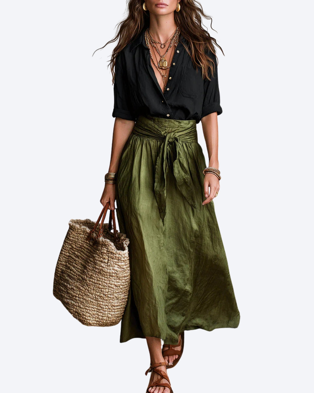 Vera™ | Conjunto de dos piezas: top negro y falda midi verde oliva