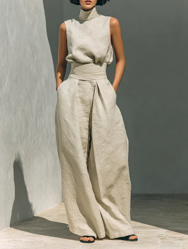 Flor™ | Conjunto minimalista de top sin mangas y pantalones de pierna ancha en algodón y lino para mujer