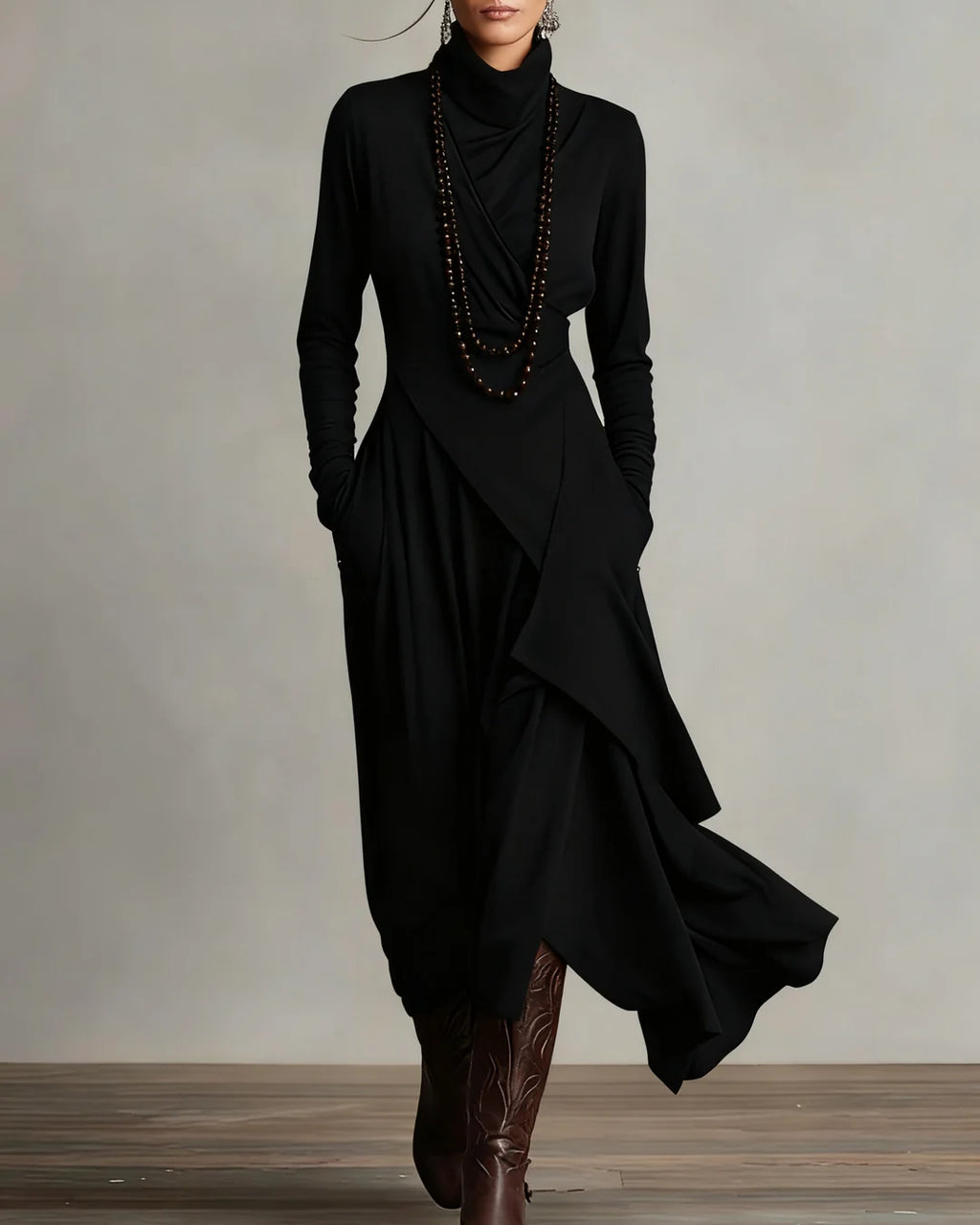 GIORGIA™ – VESTIDO MAXI PLISADO ASIMÉTRICO VIOLETA CON CUELLO ALTO