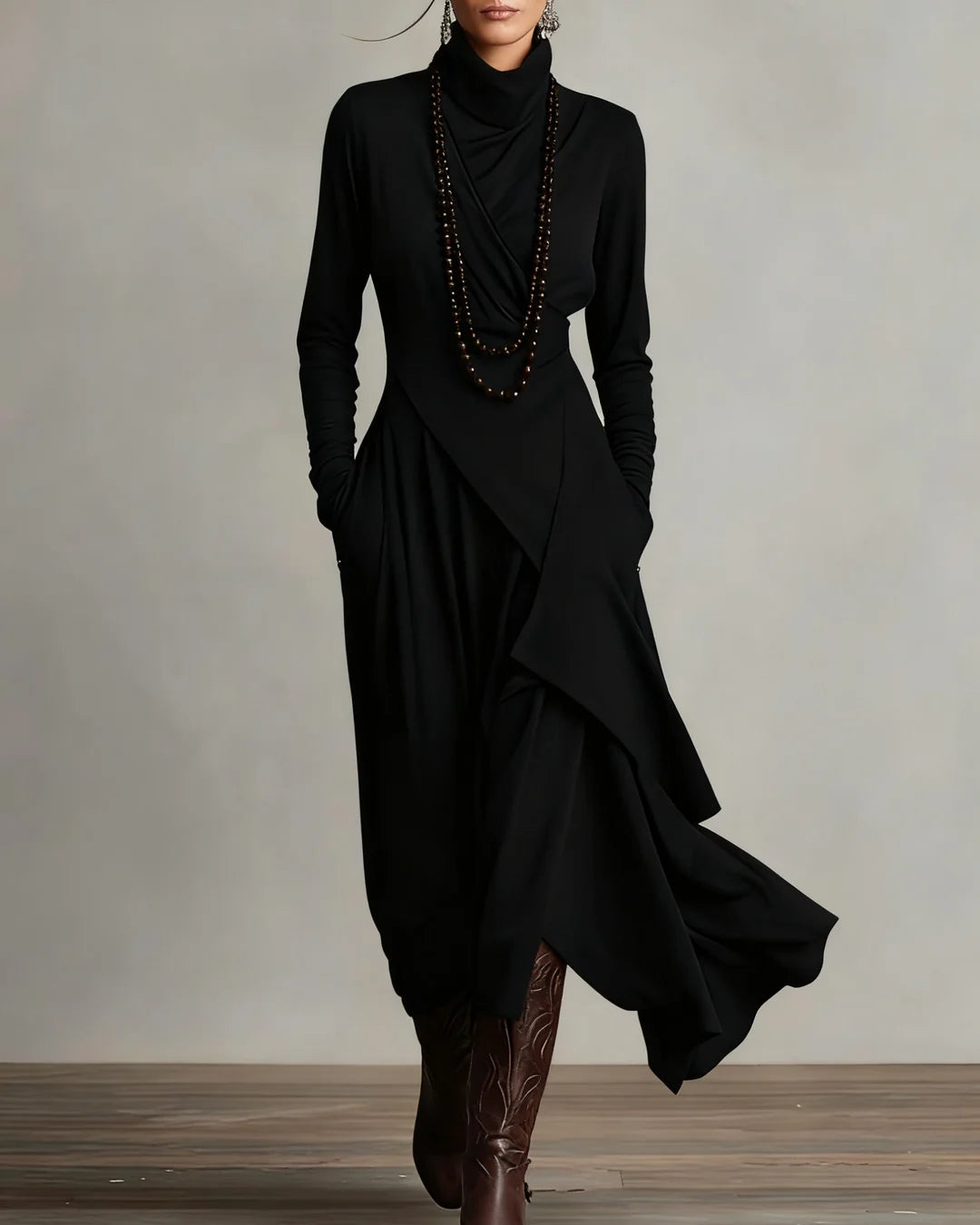 GIORGIA™ – VESTIDO MAXI PLISADO ASIMÉTRICO VIOLETA CON CUELLO ALTO