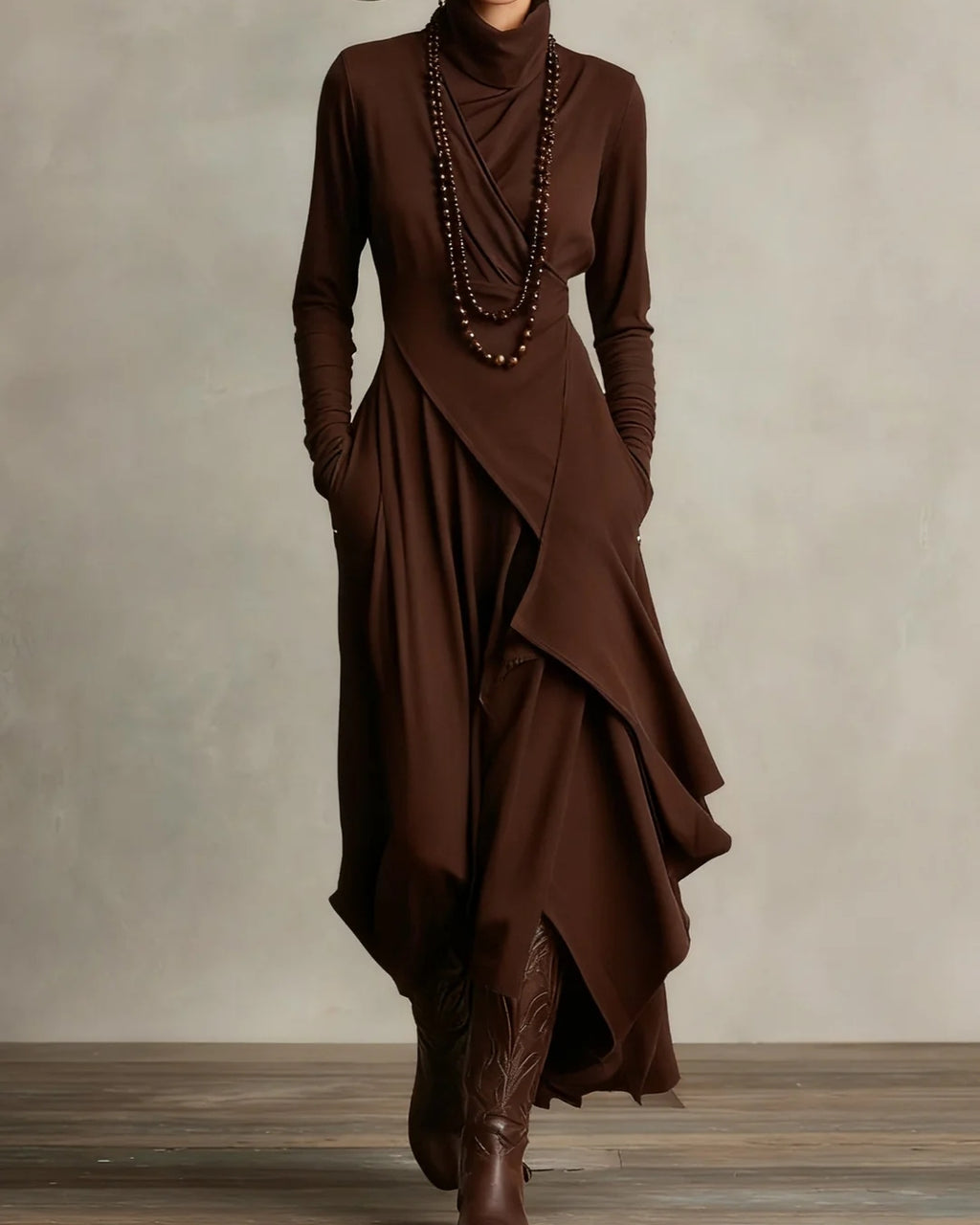 GIORGIA™ – VESTIDO MAXI PLISADO ASIMÉTRICO VIOLETA CON CUELLO ALTO