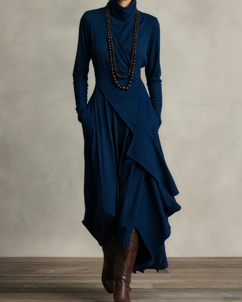 GIORGIA™ – VESTIDO MAXI PLISADO ASIMÉTRICO VIOLETA CON CUELLO ALTO