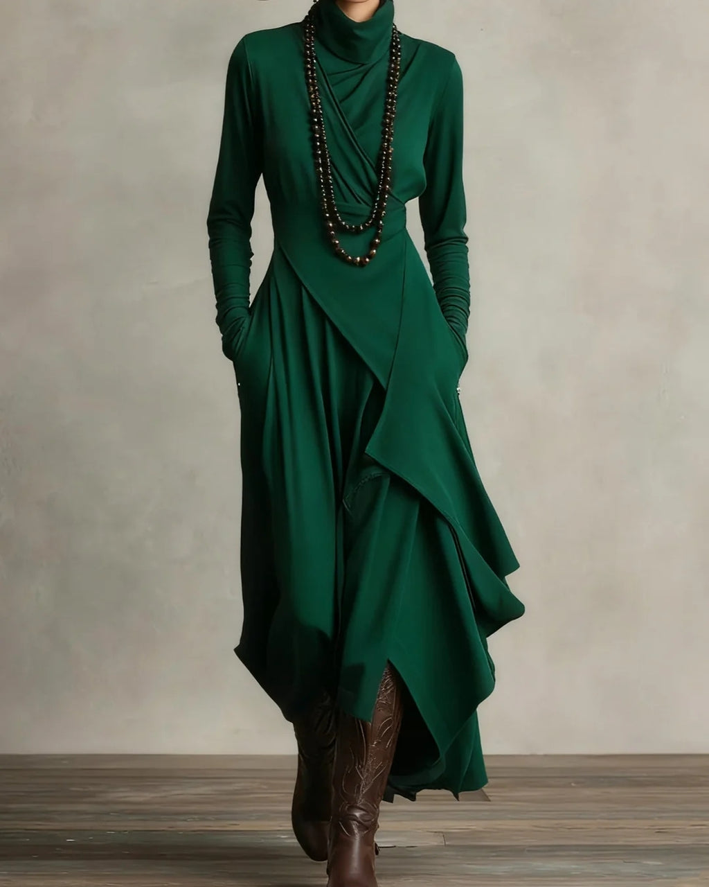 GIORGIA™ – VESTIDO MAXI PLISADO ASIMÉTRICO VIOLETA CON CUELLO ALTO