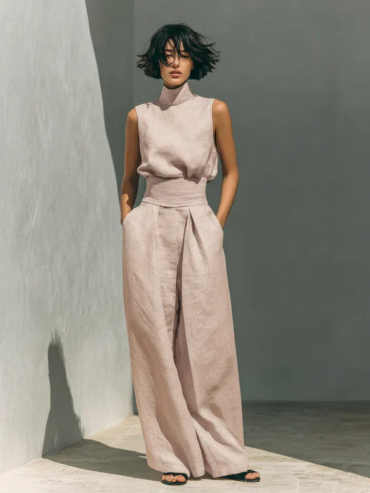 Flor™ | Conjunto minimalista de top sin mangas y pantalones de pierna ancha en algodón y lino para mujer