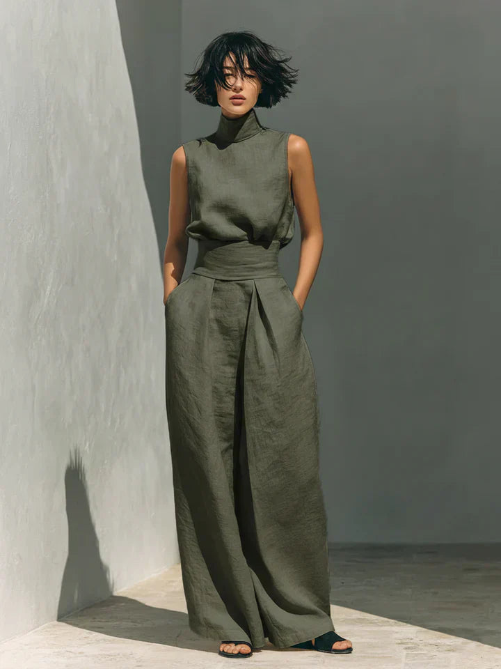 Flor™ | Conjunto minimalista de top sin mangas y pantalones de pierna ancha en algodón y lino para mujer