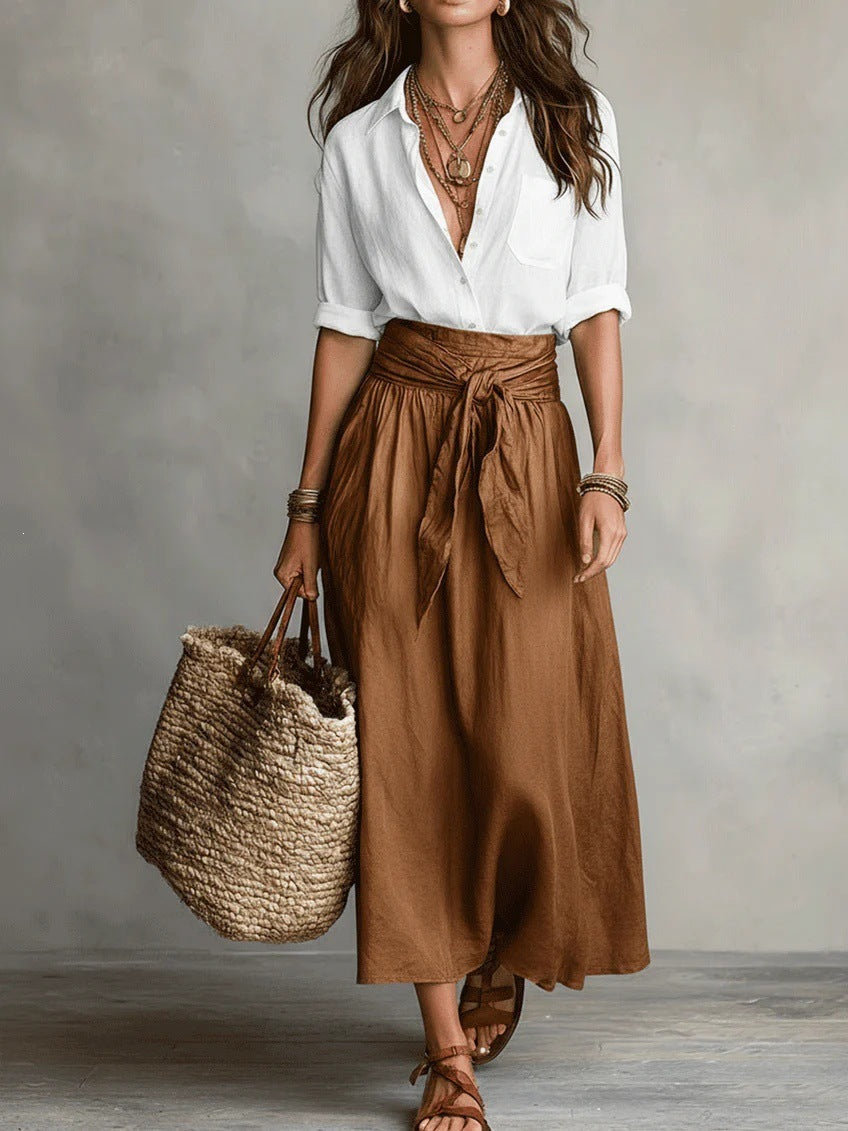 Vera™ | Conjunto de dos piezas: top negro y falda midi verde oliva