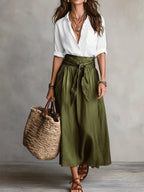 Vera™ | Conjunto de dos piezas: top negro y falda midi verde oliva