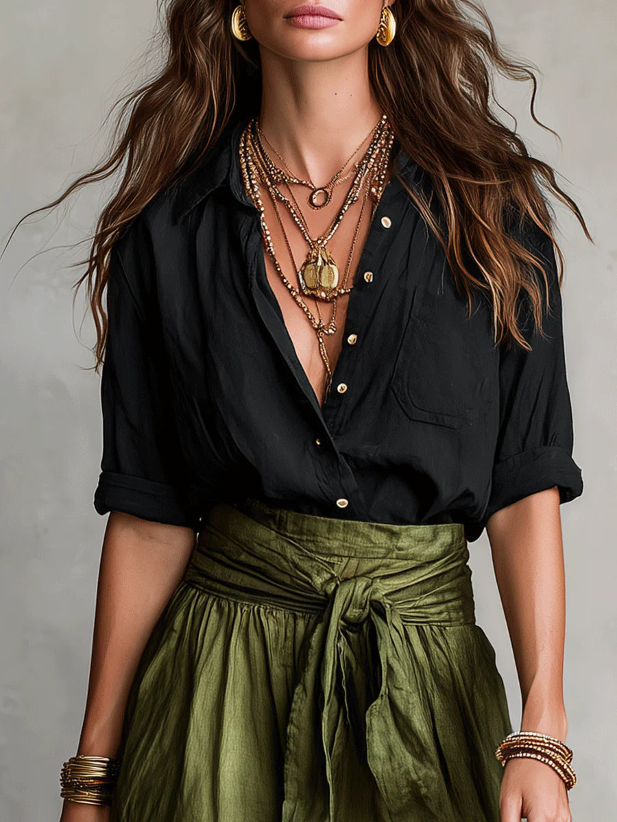 Vera™ | Conjunto de dos piezas: top negro y falda midi verde oliva