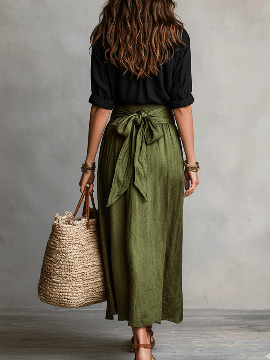 Vera™ | Conjunto de dos piezas: top negro y falda midi verde oliva