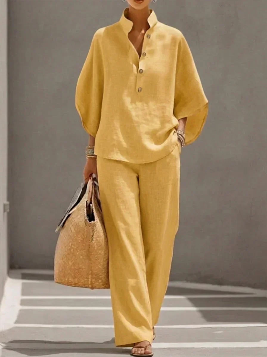 Maribel™ | Conjunto de lino con mangas tipo murciélago y pantalón amplio