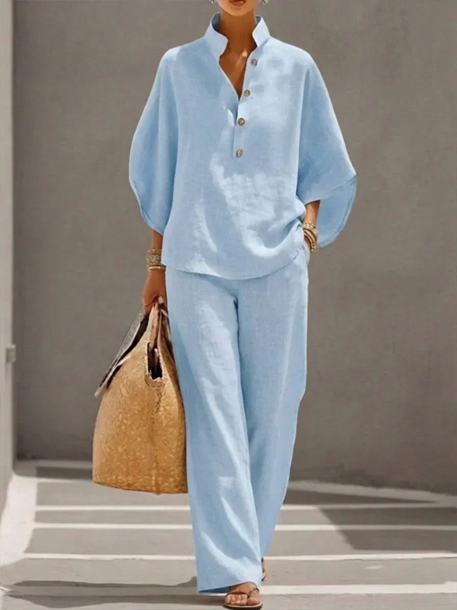 Maribel™ | Conjunto de lino con mangas tipo murciélago y pantalón amplio