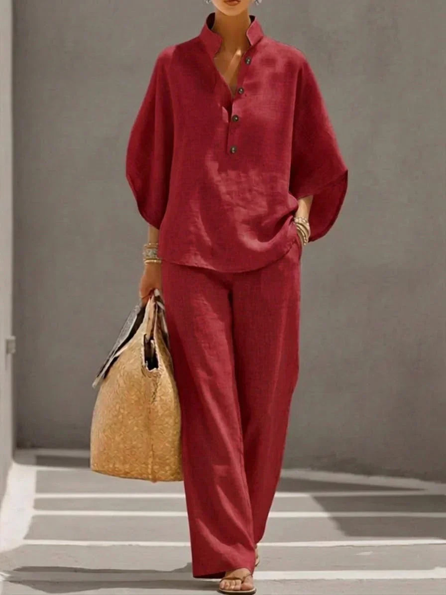 Maribel™ | Conjunto de lino con mangas tipo murciélago y pantalón amplio