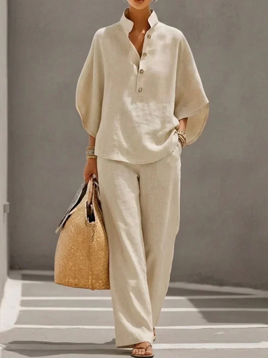 Maribel™ | Conjunto de lino con mangas tipo murciélago y pantalón amplio