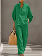 Maribel™ | Conjunto de lino con mangas tipo murciélago y pantalón amplio