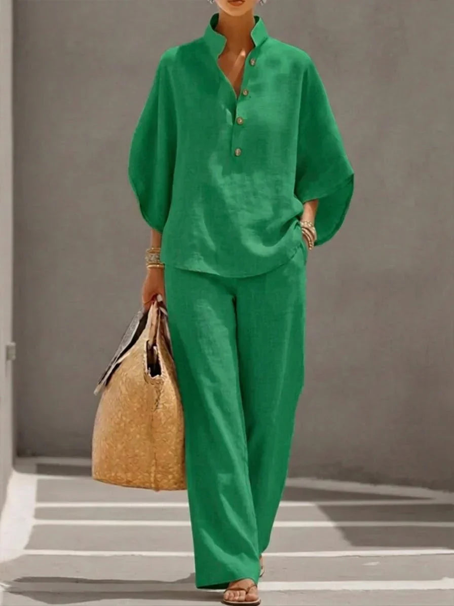 Maribel™ | Conjunto de lino con mangas tipo murciélago y pantalón amplio